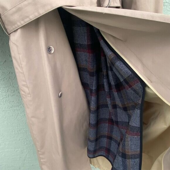 London Fog Trench Coat Size 10 Beige Plaid Double-Breasted - Picture 9 of 12